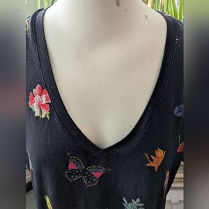 Exc Johnny Was Black Floral Bamboo Spandex Vneck SS Soft Tee Sz Med